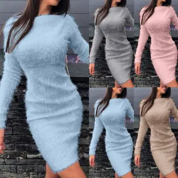 2020 Najnovejši Jeseni Ženske obleke Plus Velikost 3XL Barva Long Sleeve Jopica Puhasto Kee-dolžina Bodycon Obleko Topla Oblačila