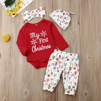 2020 Newborn Baby Dekle, Fant Moj Prvi Božični Kostum Romper+Klobuk Obleke Obleke 4Pcs