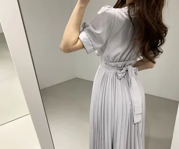 2020 Poletje Šifon korejski A-line Naguban Dolga Obleka Ženske Kratek Rokav Proti-vrat Obavijen Moda Urad Elegantne Dame Vestidos