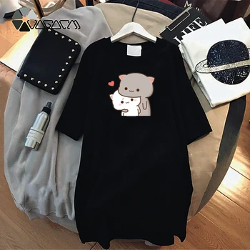 2020 Poletje Ženske obleke Risanke Mačka Tiskanja Priložnostne Svoboden Ženski Ulične Črna Kratka Sleeeve Mini Plus Velikost 4XL Stranke Obleke