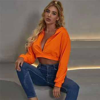 2020 Pozimi Ulične Long Sleeve Hooded Hoodies Ženske Modni Priložnostne Odrezana Puloverji Vrhovi Neon Oranžna Ženske Debele Hoodies