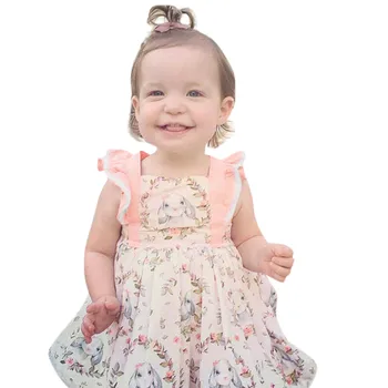 2020 Velikonočni Oblačenja Za Dekleta Malčka Velikonočni Dan, Risanka Zajec Tiskanja Backless Ruffle Obleko Letenje Rokav Baby Dekle Obleke Na Debelo