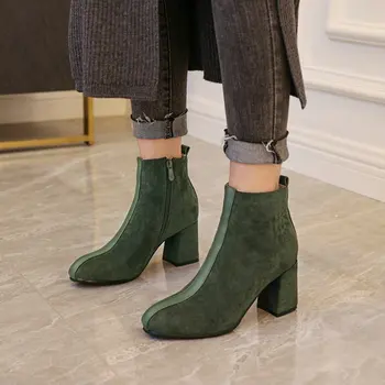 2020 zeleni krog toe močen visokih petah runo notranjosti womens čevlji zadrgo modni ženski škornji zimski čevlji velika velikost 44 45