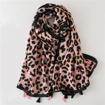 2020 Španija Lep Modni Roza Leopard Pika Tassel Viskoze Šal Šal Ženske Visoke Kakovosti Pashmina Ukradel Bufandas Muslimanska Oblačila Hidžab