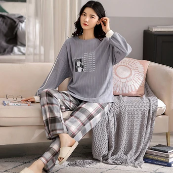 2020 Žensk Jesen Pomlad Pižamo Tiskanje Plus Velikost Svoboden Ženski Sleepwear o Vratu Dolg Rokav Bombaž Gospe Priložnostne More