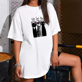 2020 Ženske Tshirt Obleko Risanke Mačka Tiskanja Poletje Kratek Rokav Svoboden Priložnostne Harajuku Stranka Klub Obleke Noseča Mini Obleko Luštna