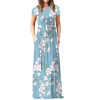 2021 Poletje Maxi Cvetlični Obleka Ženske Dolge Stranka Obleko Dame Svoboden Žep Kratek Rokav Priložnostne Obleko Haljo Femme Sundress