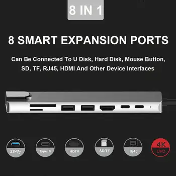 8 v 1, USB 3.0 za Visoke Hitrosti Vrata Tip-C Zvezdišče Usb-C do 4K 60HZ HD Laptop Rj45 Gigabit Ethernet Omrežja PD Hub