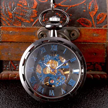 8936Black vklesan pregleden sijajni modra Roman obsega mehansko velike žepna ura