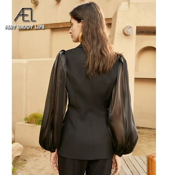 AEL črn blazer ženske modni organza puff rokav seksi V vratu slim suknjič elegantna dama nova