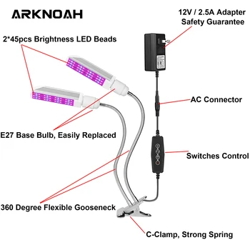 ARKNOAH Celoten Spekter LED Grow Light AC100~240V 90W Clip-on Ffs Lučka za Namizni Rast Rastlin, svetila za Notranji Cvetje
