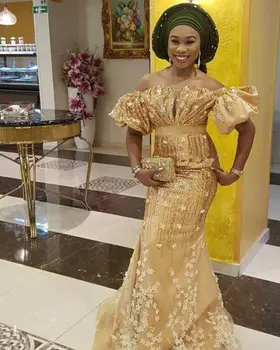 Aso Ebi Afriške Čipke Večerno Obleko morska deklica Off Ramo Nigerijski Slog Prom Obleke Plus Velikost Sijoče Sequins Zlato Formalnih Obleke