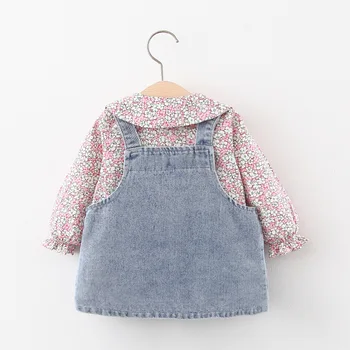 Baby Dekleta Jeseni Sladko Vezeni Cvetlični Dolgi Rokav Bluzo + Denim Suspender Obleko 2pcs bo Ustrezala Princesa Obleko otroci