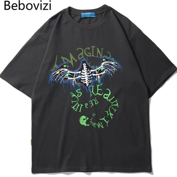Bebovizi 2020 Bat Lobanja, Tiskanje T Shirt Moških Hip Hop T-Majice Ulične Poletne Majice Kratek Rokav Bombaž Prevelik Sivi Vrhovi Tees