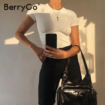 BerryGo prsih belo pleteno belušno majica ženska Fit osnovna barva kratek tees Črni krog vratu casual poletnih vrh ženske