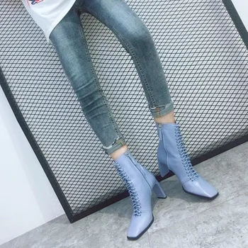 Blagovno znamko design mikrovlaken usnje škornji za ženske v visokih petah moda kvadratni toe seksi dame čevlji velika velikost čipke-up golih boot