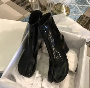 Botines mujer 2020 močen visoke pete kratek gleženj škornji za žensko kvadratni toe črno lakasto usnje dež čevlji luksuzni tabi bottes