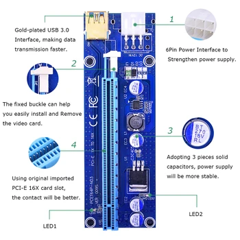 CHIPAL Zlati 100 CM 60 CM VER009S PCI-E Riser Card PCIE 1X do 16X razširitveno napravo Dvojno LED Indikator + USB 3.0 Kabel / 6Pin Napajalni Kabel