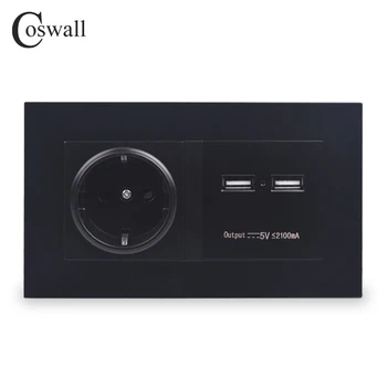COSWALL Black električno Vtičnico 16A EU Standardno električno Vtičnico Z Dvojnim USB Smart Polnilec Vrata Za Mobilne 5V 2100mA Izhod PC Plošča