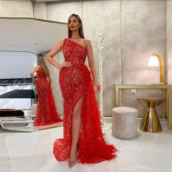 Couture 2021 Luksuzne Rdeče Okrasnih Eno Ramo Večerne Obleke Perja Režejo Til Beaded Stranka Obleke Konkurence Velikosti Po Meri
