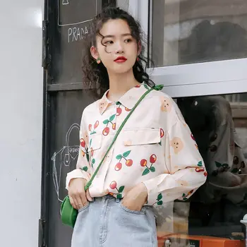 Deeptown Letnik Ženske Majice Srčkan Korejski Modni Stil 2020 Tiskanja Ženske Blusas Dolg Rokav Vrhovi Jeseni Svoboden Gumb Gor Majico