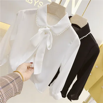 Deklica je Šifon Long Sleeve Majica 2019 Jeseni podkrepljena Priložnostne Slog, Ohlapno Majico s Pearl Bluzo Elegantne Srajce