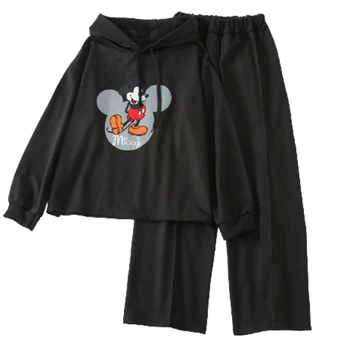 Disney Mickey Risanka Moda Ohlapen pulover s kapuco + Šport Širok Noge Hlače, dvodelne Kažejo visoko, Udobno in visoko kakovost Set