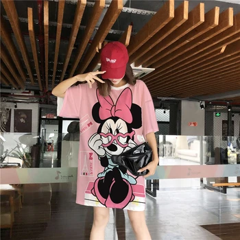 Disney T-Shirt Elegantna Moda Minnie Mouse Risanka Kratek Rokav Tee Vrhovi Ženske T-Shirt Poletnih O-Vratu Pulover Ženske Ohlapna Oblačila