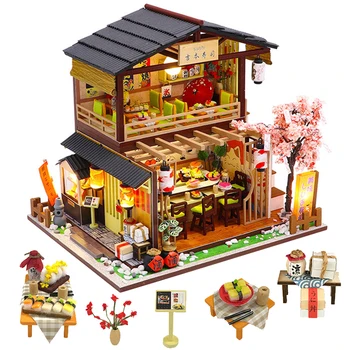 DIY Pohištvo Lutke Japonskem Slogu Lesene Miniaturni Lutka Hiša Min Lutke Z LED Luči Puzzle Okraski, Igrače Za Otroke