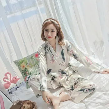 Dolg Rokav Svileno Pižamo Nastavite Kimono Slog Tiskanja Sleepwear 2020 Jeseni Ženske More Priložnostne Doma Mehko Krpo Udobno Pižamo