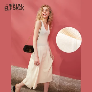 ELFSACK Multicolor Trdna Minimalističen Plesti Priložnostne Midi Obleka Ženske 2020 Pomlad Čiste Elegantne Linije brez Rokavov Ženske Dnevni Obleke