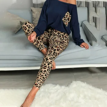 Ena Ramenski Leopard Tiskanja Ženske, Homewear Nastavite O Vratu Dolg Rokav Elastični Pas Ženski Homewares 2020 Jeseni Gospe Priložnostne Določa