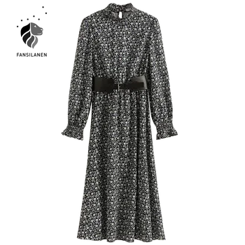 FANSILANEN Cvjetnim tiskanja črno dolgo šifon obleko Ženske flare rokav ruffle elegantno obleko Jeseni, pozimi pasu slim vintage obleko