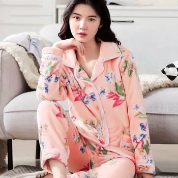 Flanela za Ženske Pižame Določa Pozimi Toplo Homewear 2020 Moda nightgown Plus Velikost Priložnostne Ženski Zavoj navzdol Ovratnik Pižami