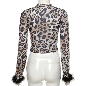 Forefair Leopard Tiskanja Pero Estetike Vrhovi Y2K Modne Obleke z Dolgimi Rokavi Odrezana Vintage T Shirt Seksi Žensk Crop Tops