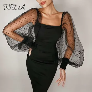 FSDA 2021 Mozaik Dolgo Puff Rokav Bodycon Obleko Očesa Black Stranka Jeseni, Pozimi Seksi Belo Backless Mini Obleke Klub Ženske