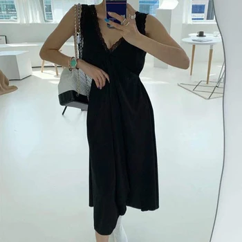 GALCAUR korejski Mozaik Čipke Obleko Žensk V Vratu Rezervoarja brez Rokavov Visoko Pasu Asimetrične Oversize Midi Ženske Obleke 2020 Oblačila