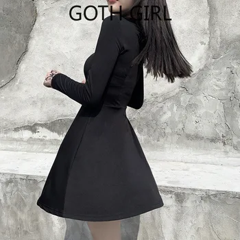 Goth Dekle Retro Temno Seksi Prsi S Poudarkom Obleko Ženski Gothic Povodcem Pentagram Pribor Visoko Pasu Mala Črna Obleka A-Linije