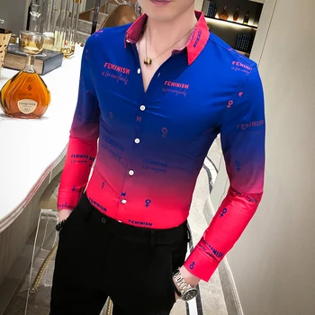 Gradient Barvni Cvetlični Rokavi Moški Spomladi Leta 2020 Nove Dolg Rokav Moške Socialne Srajce Slim Fit Ulične Digital Print Bluzo Homme