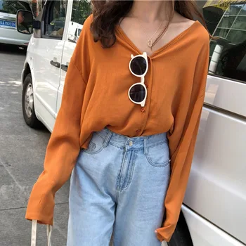Harajuku korejskih Žensk Priložnostne V Vratu Gumb Gor Long Sleeve Solid Bluzo Priložnostne srajco blusas harajuku