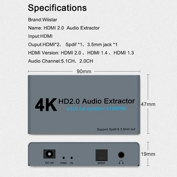 HDMI 2.0 Audio Extractor Podporo 4K 60Hz HDR HDMI Adapter Pretvornik HDR HDMI za Optični SPDIF TOSLINK Audio Z napajalnim adapterjem