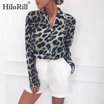 HiloRill Leopard Bluzo Ženske Dolg Rokav Bluze Tiskanje Zavoj Navzdol Ovratnik Urad Majica Priložnostne Svoboden Vrhovi Blusas Srajca Femme