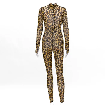 Hugcitar 2019 dolg rokav leopard tiskanja očesa vidi skozi bodycon seksi jumpsuit jeseni, pozimi ženske ulične obleke klub telo