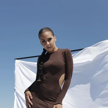 InstaHot Ženske Iz Votlih Obleko Z Dolgimi Rokavi, Krog Vratu Solid Black Koleno Dolžina Elegantno Bodycon Stranka Obleko 2020 Moda Obleke