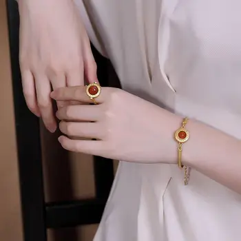 Izvirno novo vdelan naravno rdeča agate obroč zapestnica Kitajski retro slogu sodišče ženske elegantne čar nakit set