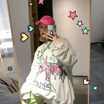 Jeseni Hoodie Ženske Pismo Print Majica korejski Ulzzang Harajuku O-vratu Long Sleeve Majica Hip Hop Hoodie Ulične Dekle