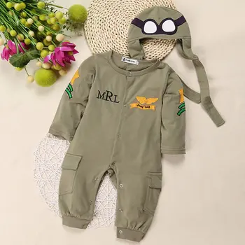 Jeseni Novorojenčka Fant Romper In Klobuk 2 Kos Obleke Z Dolgimi Rokavi Zelena Bombaž Jumpsuit Astronavt Skp Dve Delni Komplet Za Malčke