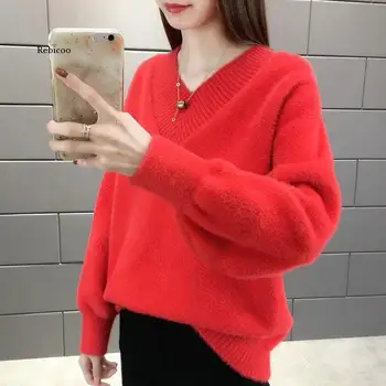 Jeseni, pozimi Proti-vrat mink žamet pulover ženske puloverju korejska različica svoboden zunanji nosite debele pletene vrh dno majica
