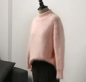 Jeseni, Pozimi ženske moher pletenje puloverji O-vratu kosmat korejski sladko roza bel pulover puloverji