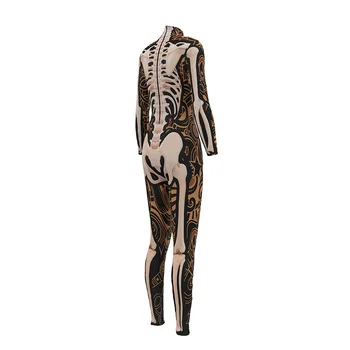 JIGERJOGER Zlato Okostje kosti Moške enem kosu jumpsuit bodysuit Playsuit Catsuit Halloween kostum Celotno dolžino rokav dokolenke